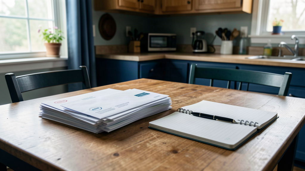 Unbranded mail and notepad on a kitchen table