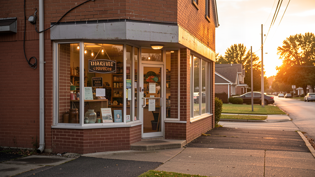 Small independent shop at golden hour